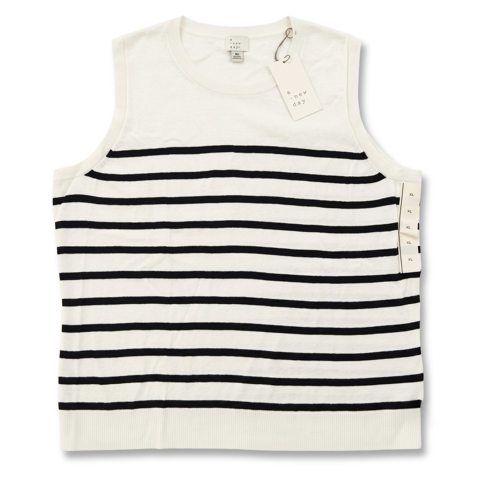 A New Day Sweater Vest Women XL Ivory Black Striped Sleeveless Knit Crewneck Top - Picture 2 of 8